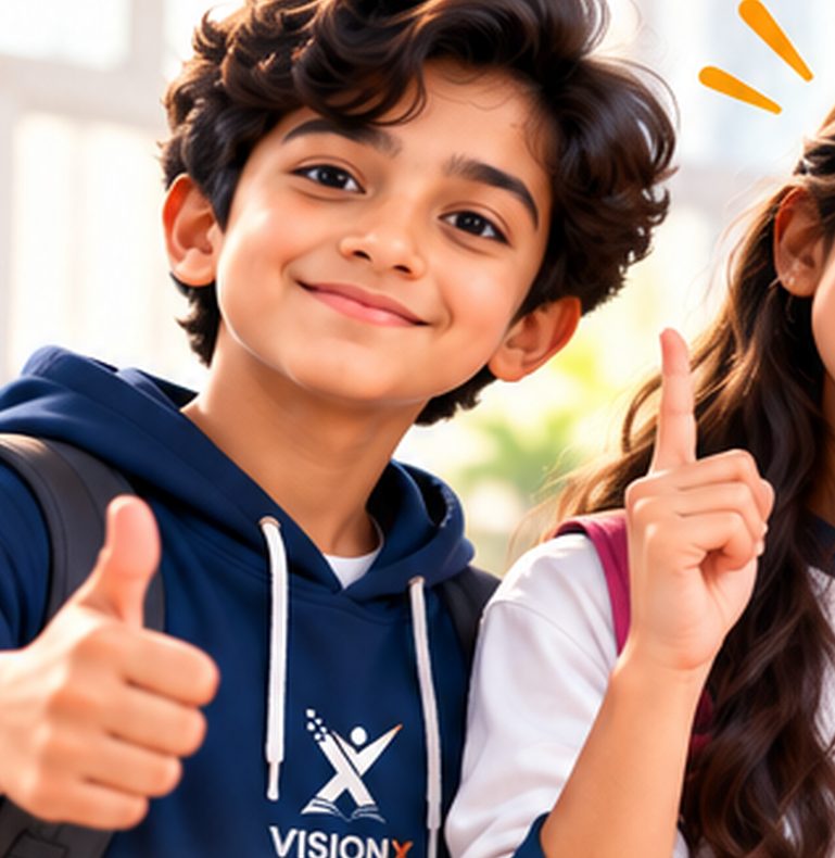 A smiling schoolboy in a navy hoodie giving a thumbs-up